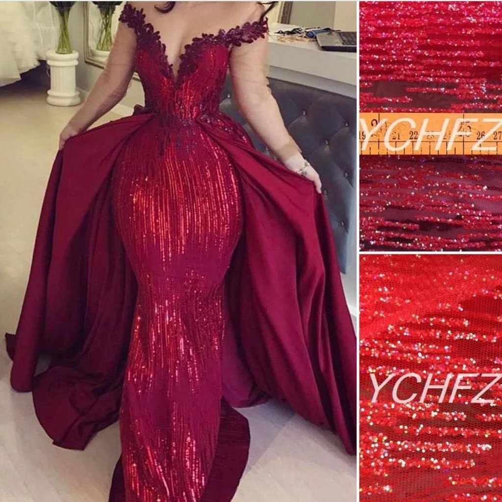 Mermaid Off the Shoulder Burgundy Long Sleeves V Neck Prom Dresses with Detachable Train STC15263