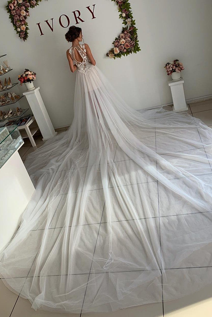 A Line Appliques Ivory Open Back Wedding Dresses, Long Beach Bridal Dresses STC14990