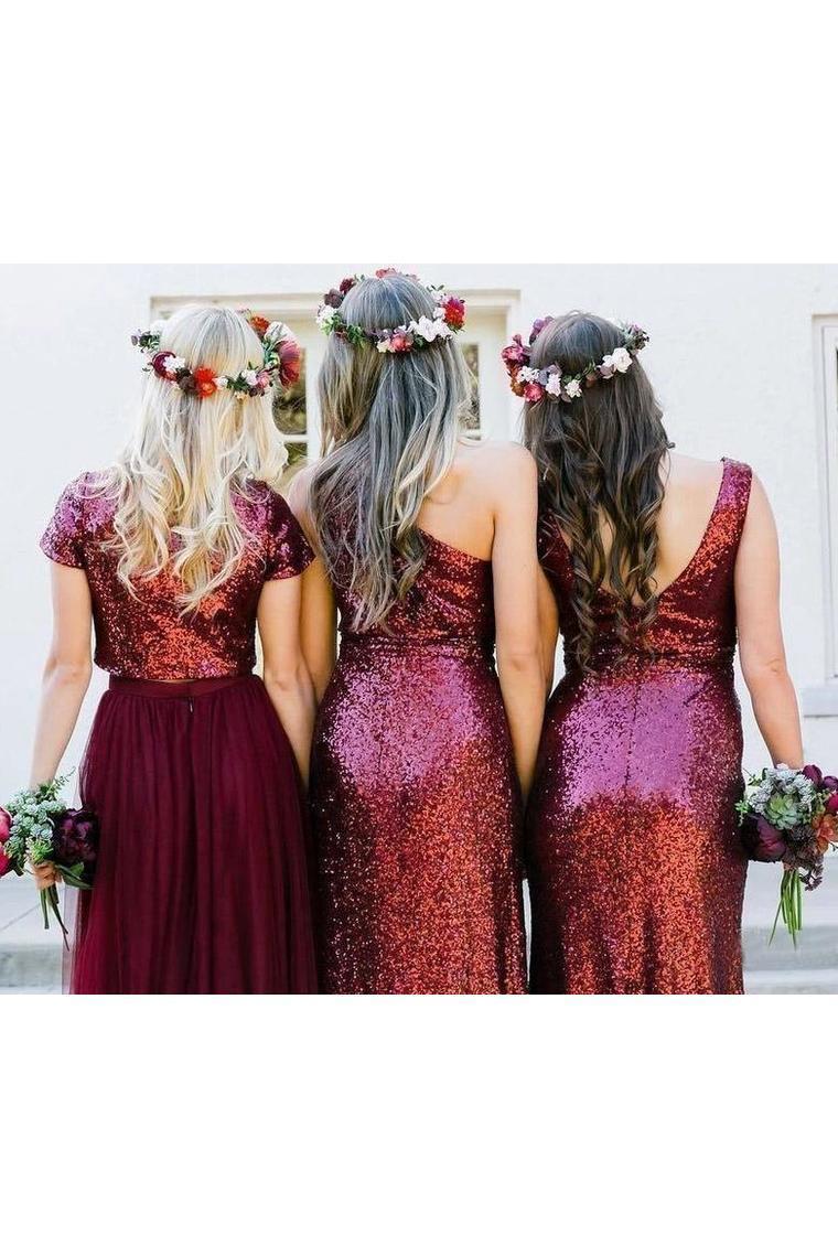 Sparkly Long Burgudny Sequin Shiny Wedding Party Dresses Bridesmaid