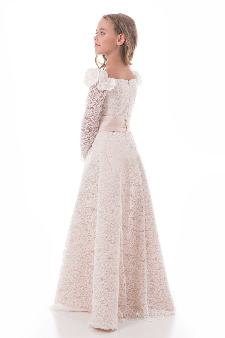 2024 Lace Flower Girl Dresses A Line Boat Neck Long Sleeves With