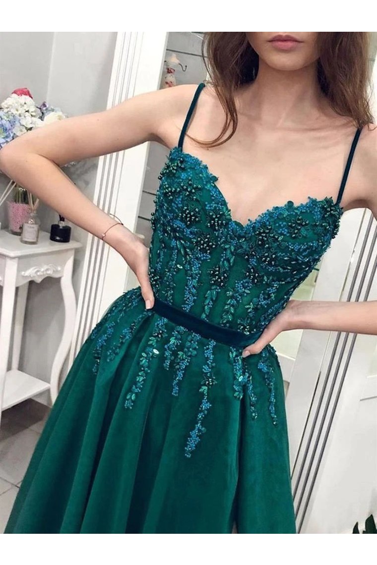Charming A Line Tulle Spaghetti Straps Beading Prom Dresses Evening STCP6CP4ZJB