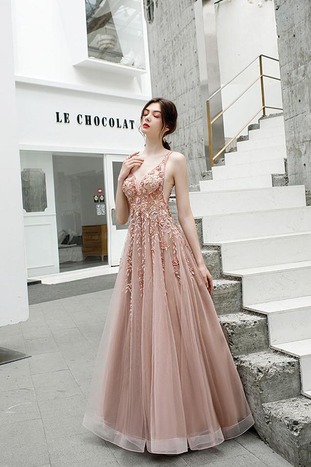 A Line V Neck Pink Beads Straps Prom Dresses Lace up, Long Dance STC20387