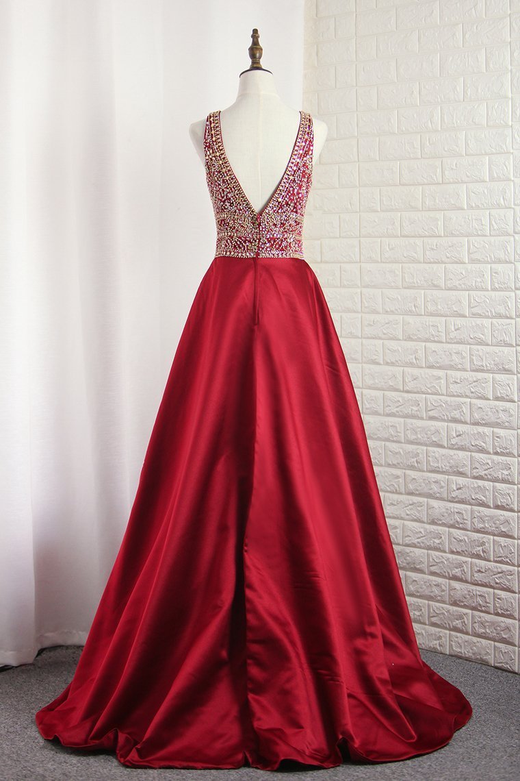 2024 V Neck Satin Prom Dresses A Line With Beading Open Back Sweep