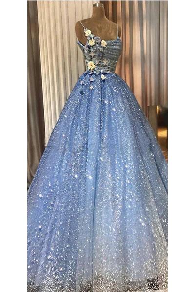 A-line Blue Spaghetti Straps Sweetheart Long Prom Dresses, Evening Dresses STC15048