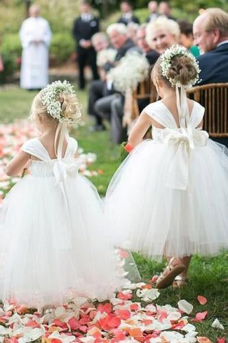 Cute A-line White Long Tulle Flower Girl Dress with Bowknot, Baby Dresses STC15572