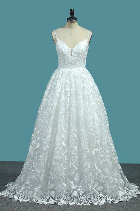 2024 A Line Lace Wedding Dresses Spaghetti Straps With Beads Sweep