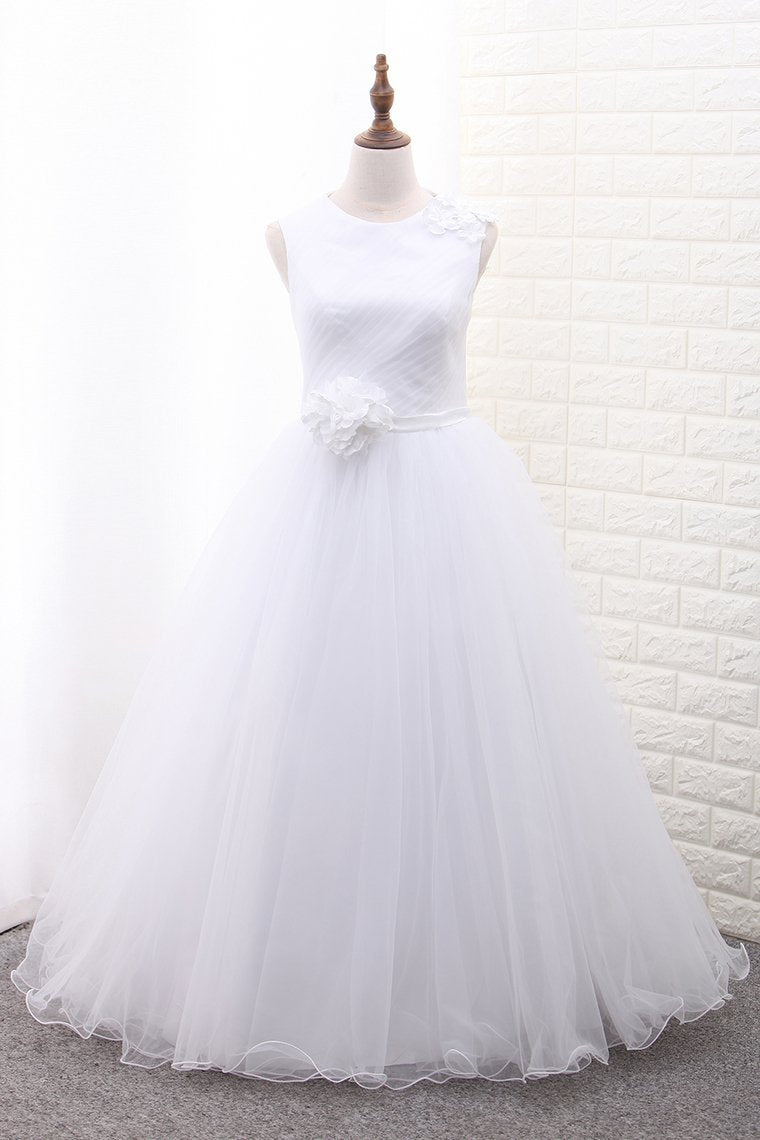 A Line Scoop Flower Girl Dresses Tulle With Handmade Flower Ankle