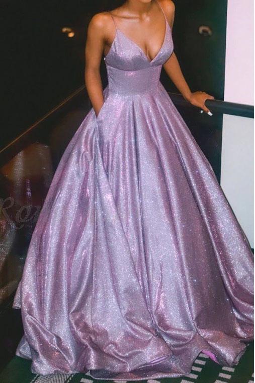 A Line Spaghetti Straps Long Prom Dress with Pockets, Glitter Lilac V Neck Formal Dresses STC15028