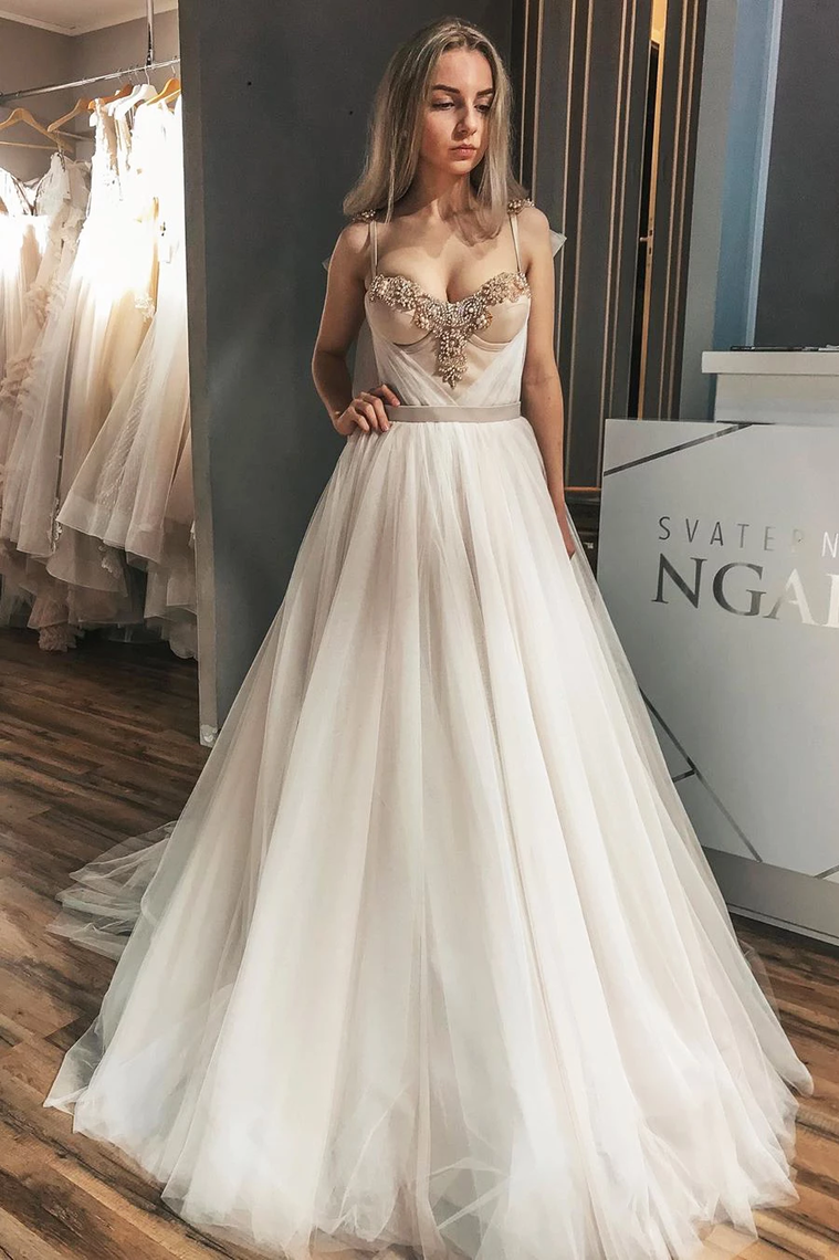 A-Line Crystals Long Wedding Dress With Champagne Ribbon