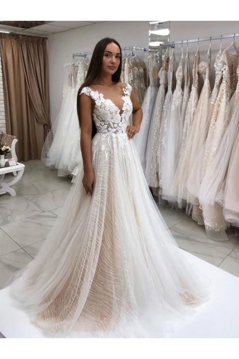 Timeless Lace Sparkly Sequins Tulle A-Line Wedding Dress With Appliques Wedding