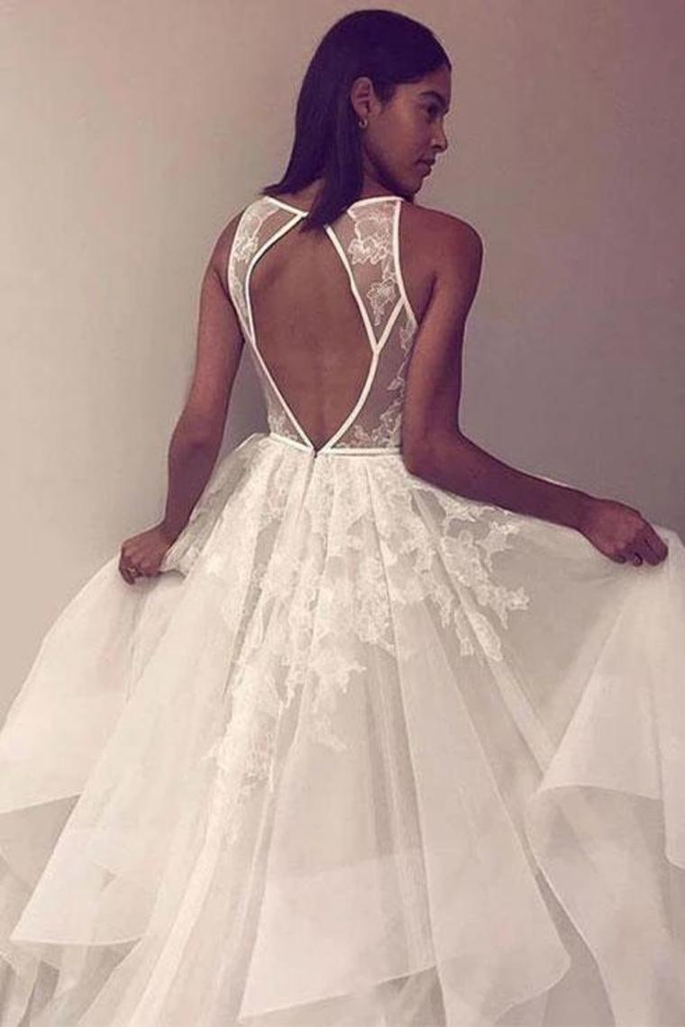 A Line Sleeveless Tulle Prom Dress With Appliques, Cheap Beach Wedding