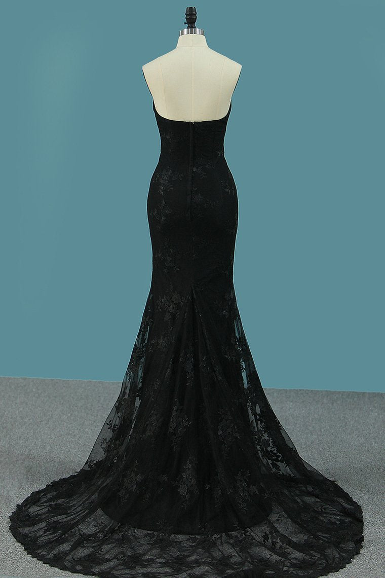 2024 New Arrival Black Mermaid Lace Prom Dresses Sweetheart With Sweep