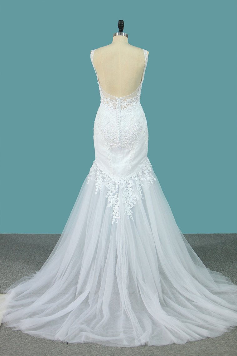 Spaghetti Straps Tulle Mermaid Wedding Dresses With Applique