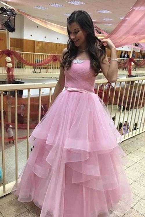 Unique Pink Tulle Long Prom Dresses, Strapless Belt Sweet 16 Dress STC15462