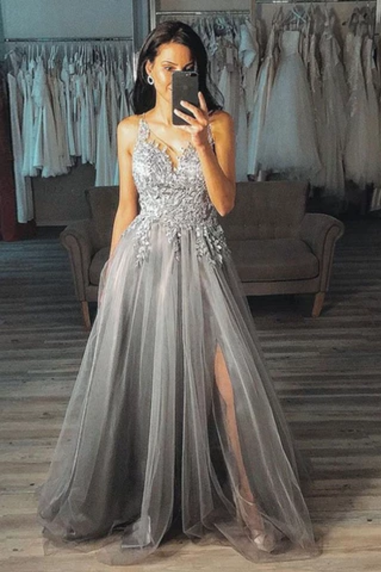 A Line V Neck Sweep Train Appliques Tulle Prom Dress With