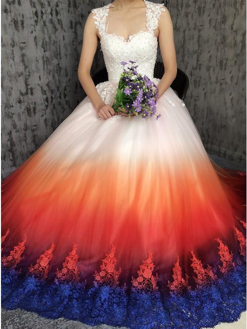 Princess Sweetheart Lace Appliques Ombre Tulle Long Prom Dresses Wedding Dresses STC15309