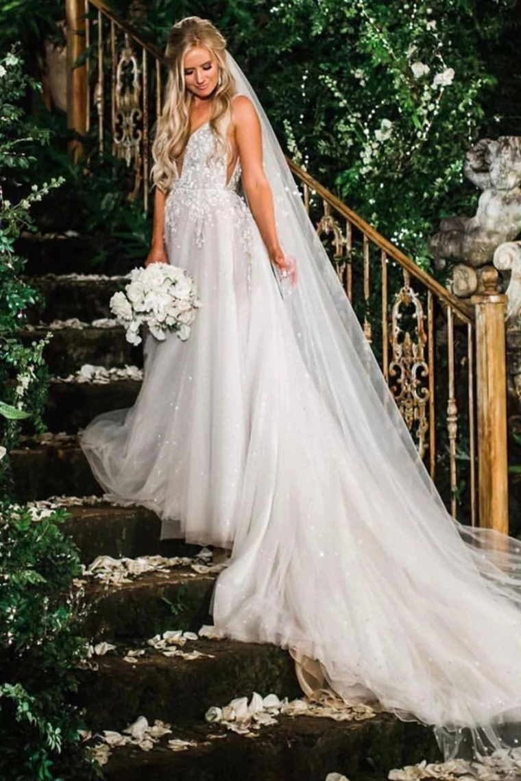 Elegant A Line Illusion Beads V Neck Tulle Long Backless Wedding Dresses Prom STCP8CG9KC9