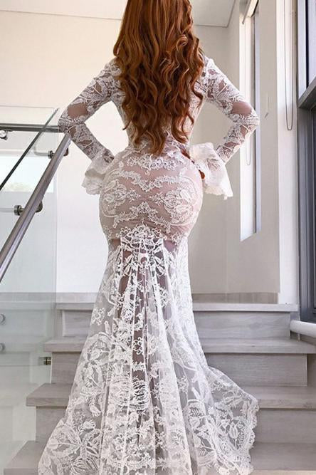 Long Sleeves Mermaid Lace V Neck Wedding Dresses with Slit, Wedding STC15651