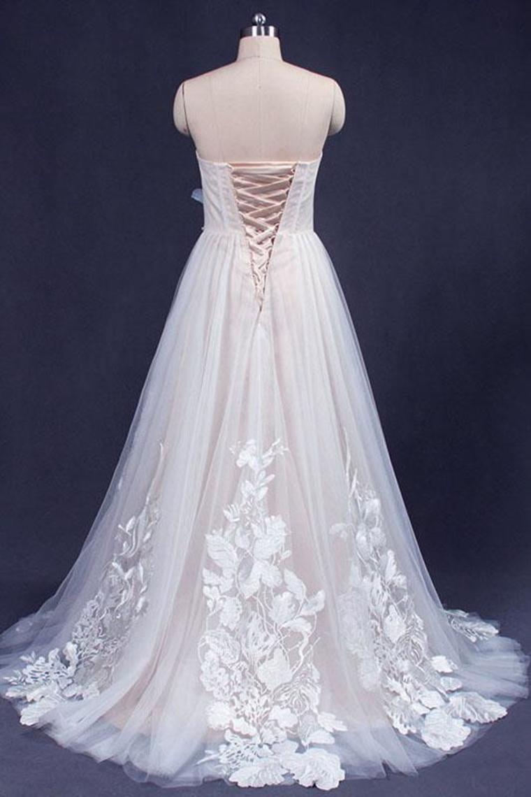 A Line Sweetheart Tulle Appliqued Wedding Dress, Strapless Tulle Bridal