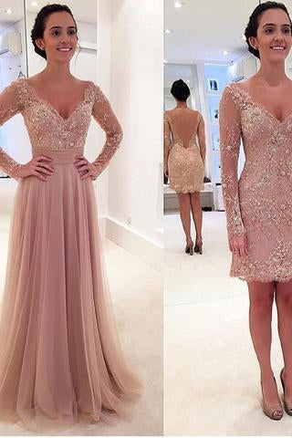 Long Sleeves V-neck Tulle Prom Dress with Detachable Train dusty pink sexy prom dress