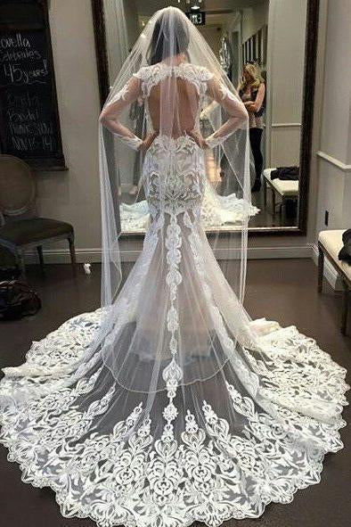 Vintage Long Sleeve Lace Open Back Floor-Length Mermaid Tulle White Wedding Dresses