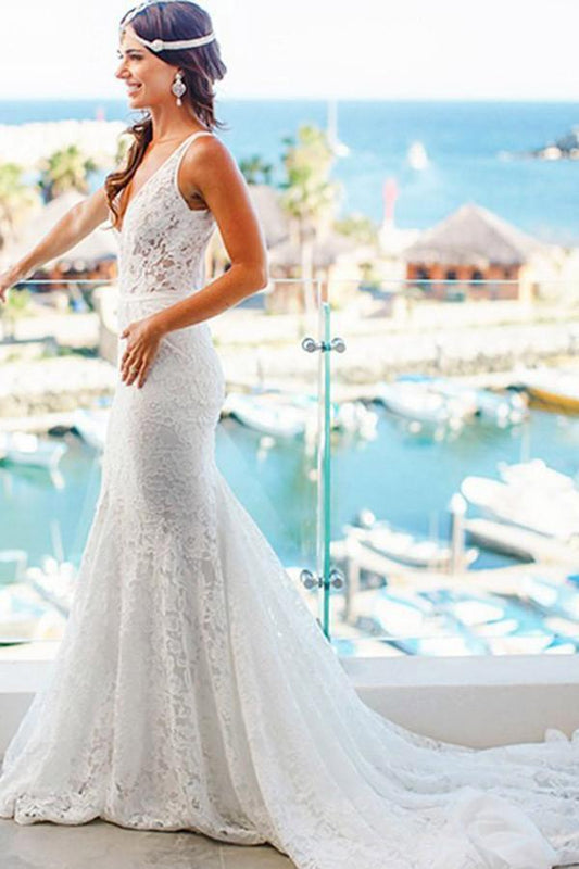 Elegant Mermaid Lace V-neck Court Train Ivory Sleeveless Beach Wedding Dresses