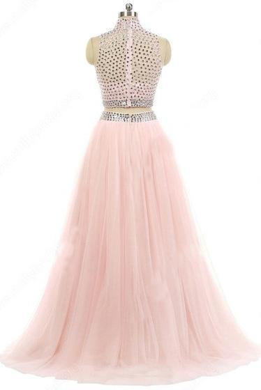 High Neck Pink Tulle Sweep Train Beading Two Pieces Long Prom Dresses