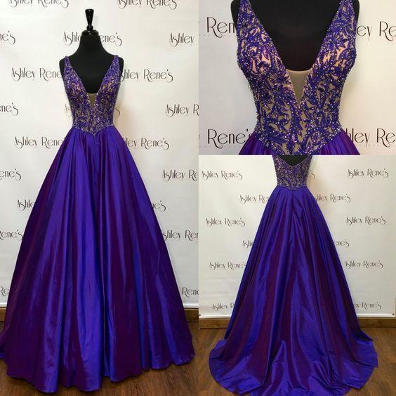 Gorgeous A-line V-neckline Beaded Royal Blue Sleeveless Floor-Length Prom Dresses