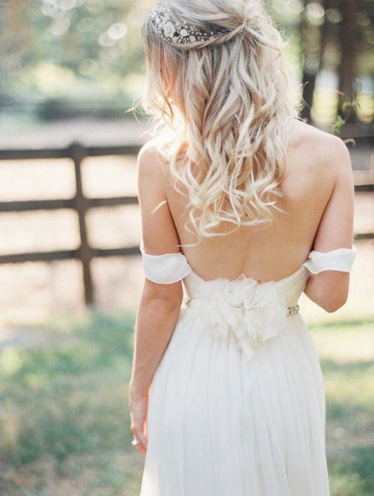 2024 Elegant Off-shoulder Beading Sash Backless White Long Chiffon Wedding Dresses