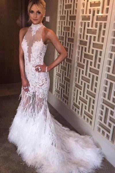 Halter Neck Feather Mermaid Appliques White Prom Dress With Court Train Prom