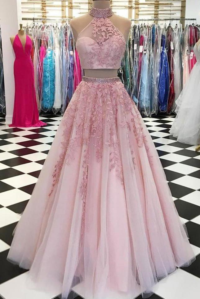 Elegant A Line Two Piece Dusty Rose Beaded Tulle High Neck Lace Long Prom Dresses