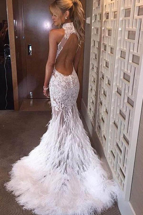 Halter Neck Feather Mermaid Appliques White Prom Dress With Court Train Prom
