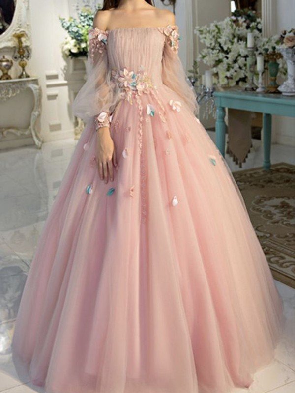 Ball Gown Off-the-Shoulder Tulle Long Sleeves Hand-Made Flower Floor-Length Dresses TPP0001386