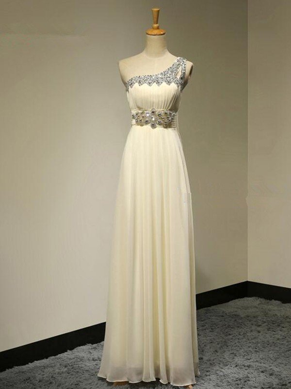 A-Line/Princess One-Shoulder Sleeveless Floor-Length Beading Chiffon Bridesmaid Dresses TPP0005364
