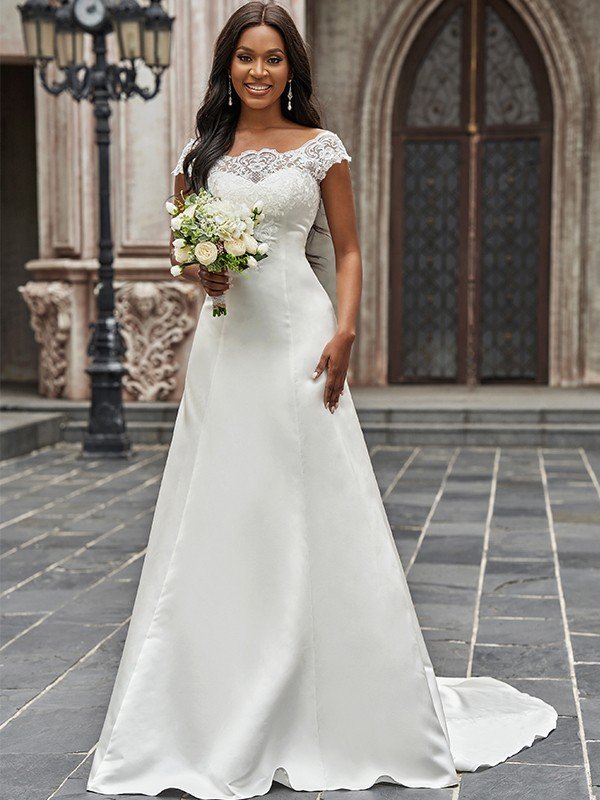 A-Line/Princess Scoop Satin Lace Sleeveless Sweep/Brush Train Wedding Dresses TPP0005925