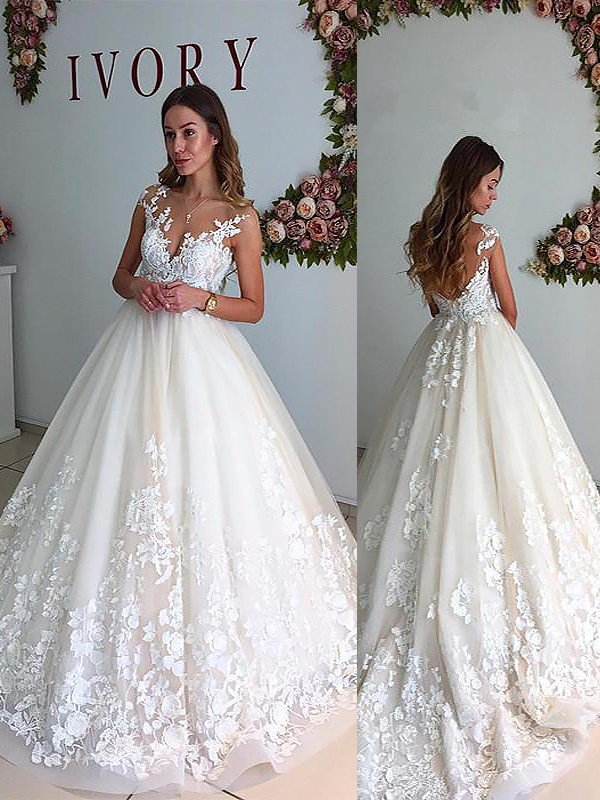 A-Line/Princess V-neck Court Train Tulle Sleeveless Wedding Dresses TPP0006070