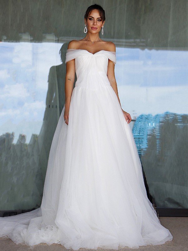 A-Line/Princess Sleeveless Tulle Off-the-Shoulder Ruched Sweep/Brush Train Wedding Dresses TPP0006066