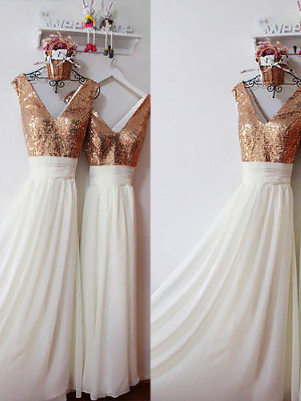 A-Line/Princess Chiffon V-neck Sleeveless Floor-Length Sequin Bridesmaid Dresses TPP0005254