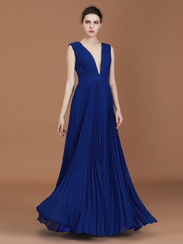 A-Line/Princess V-neck Sleeveless Pleated Floor-Length Chiffon Bridesmaid Dress TPP0005785