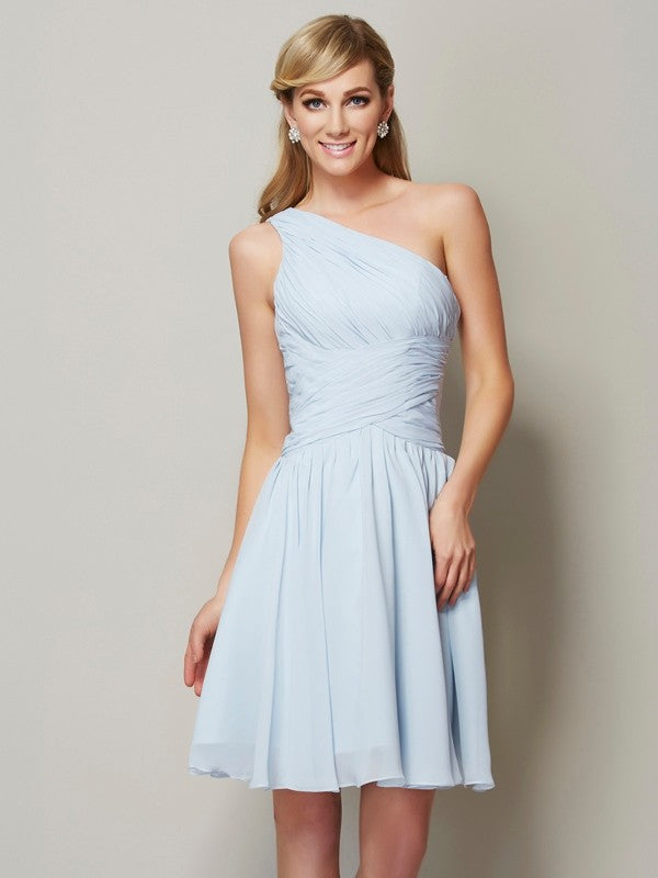 A-Line/Princess One-Shoulder Sleeveless Ruched Short Chiffon Bridesmaid Dresses TPP0005589