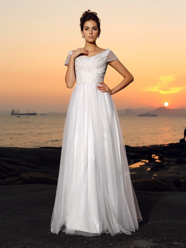 A-Line/Princess Off-the-Shoulder Beading Short Sleeves Long Tulle Beach Wedding Dresses TPP0006636