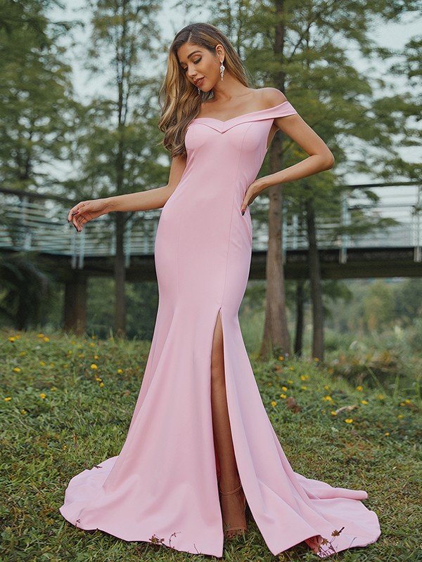 Sheath/Column Stretch Crepe Ruched Off-the-Shoulder Sleeveless Sweep/Brush Train Bridesmaid Dresses TPP0005007