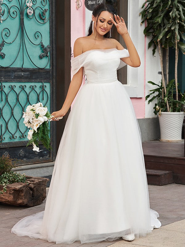 A-Line/Princess Tulle Ruffles Off-the-Shoulder Sleeveless Sweep/Brush Train Wedding Dresses TPP0006442