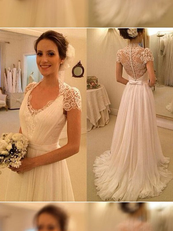 A-Line/Princess V-neck Sweep/Brush Train Sleeveless Lace Chiffon Wedding Dresses TPP0006345