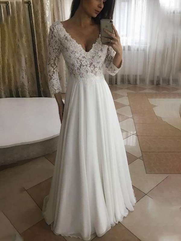 A-Line/Princess Chiffon Applique 3/4 Sleeves V-neck Floor-Length Wedding Dresses TPP0006038