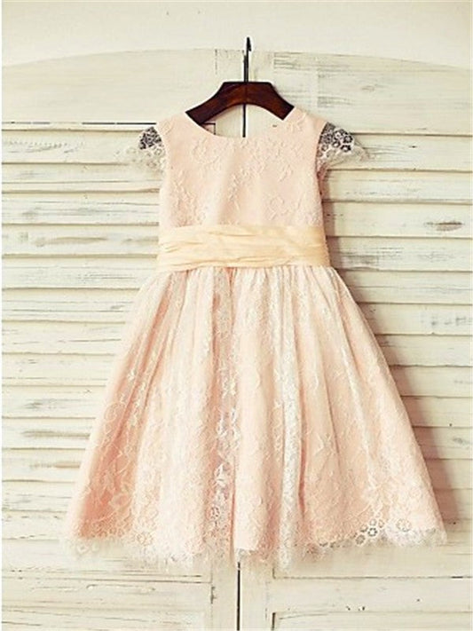 A-line/Princess Scoop Short Sleeves Sash/Ribbon/Belt Tea-Length Lace Flower Girl Dresses TPP0007879