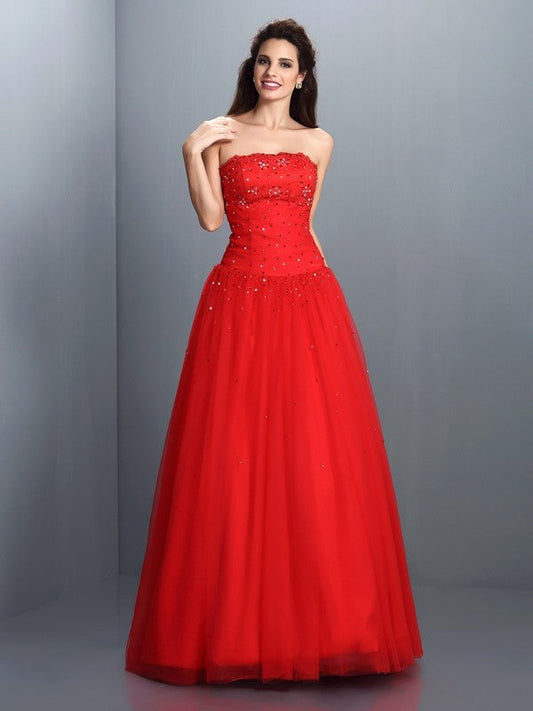 Ball Gown Strapless Beading Sleeveless Long Organza Quinceanera Dresses TPP0004026