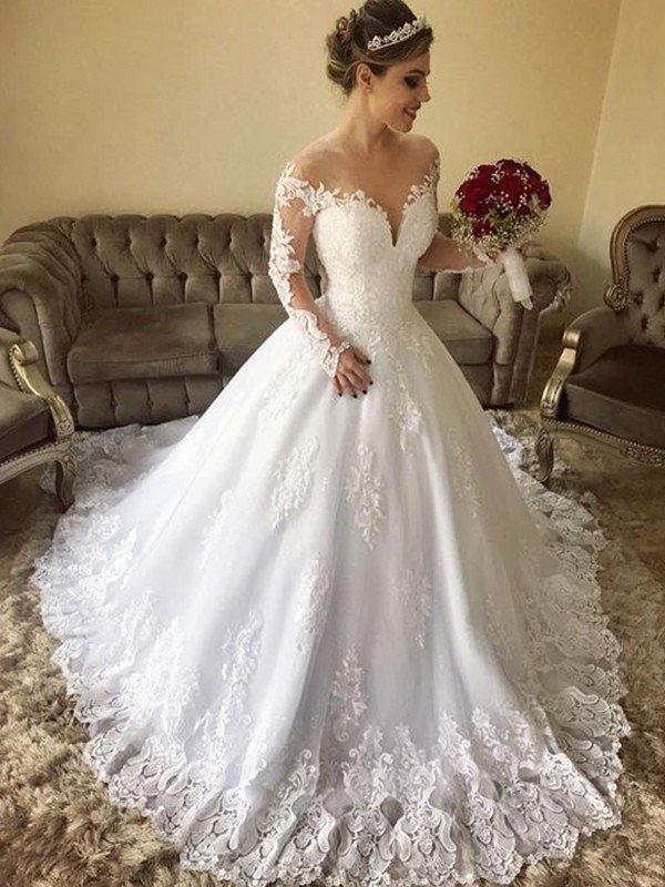 Ball Gown Off-the-Shoulder Long Sleeves Sweep/Brush Train Lace Tulle Wedding Dresses TPP0006406