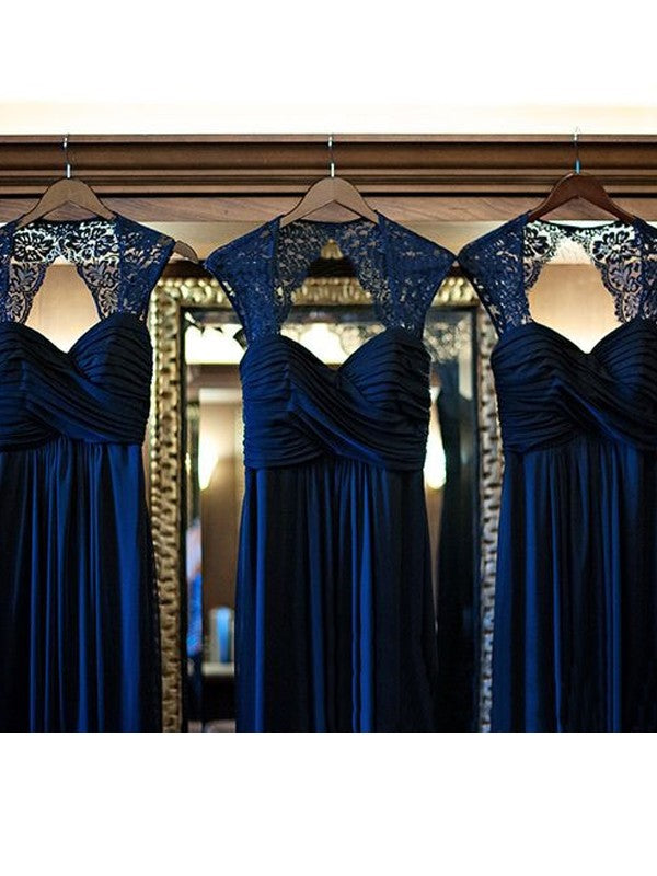 A-Line/Princess Sleeveless Sweetheart Floor-Length Lace Chiffon Bridesmaid Dresses TPP0005197