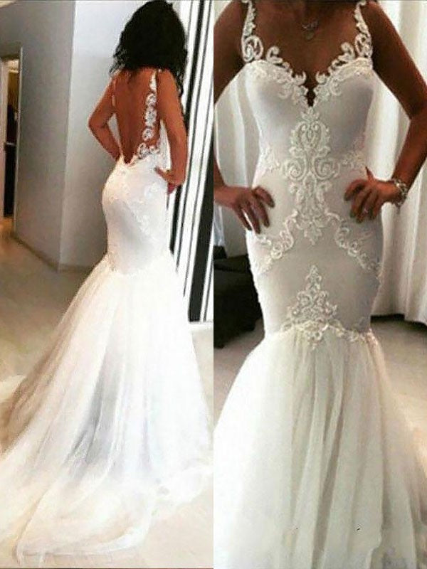 Trumpet/Mermaid Chapel Train Applique Spaghetti Straps Sleeveless Tulle Wedding Dresses TPP0006357